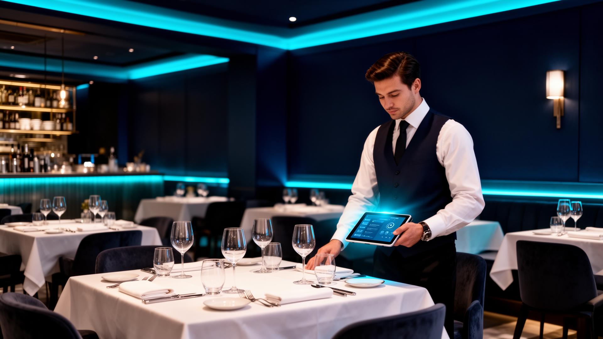 Restaurant staff using AI-powered tablet supervision during service